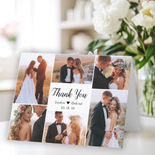 Modern Script 6 Photo Collage Heart Wedding  Thank You Card
