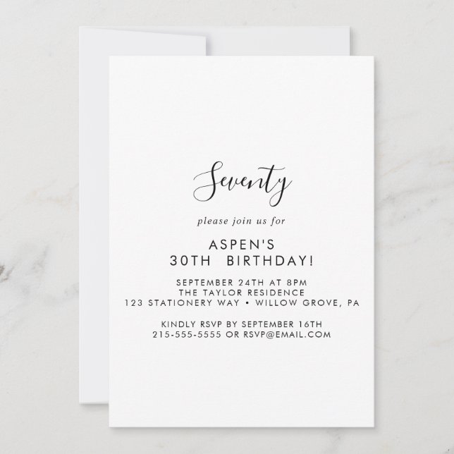 Modern Script 70th Birthday Party Invitation (Front)