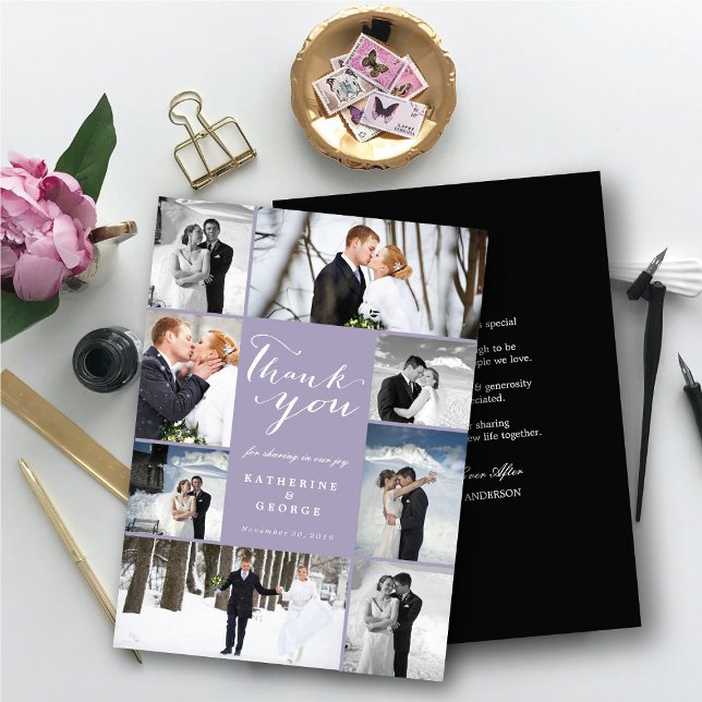Modern Script 8 Multi Photo Stylish Purple Wedding Thank You Card (Modern Classy Script 8 Multi Photo Collage Stylish Wedding Thank You Card @ fatfatin_blue_knot)