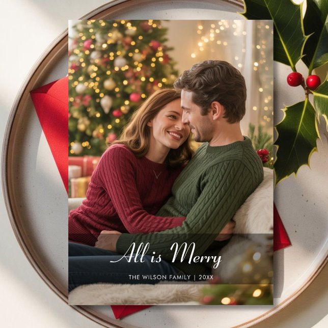 Modern Script All Is Bright Couple Christmas Card (Creator Uploaded)