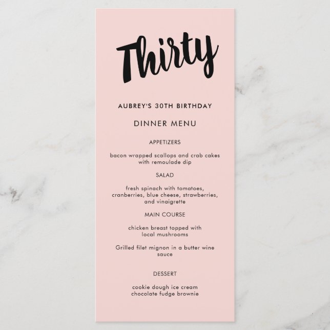 Modern Script Any Year 30th Birthday Party Menu (Front)
