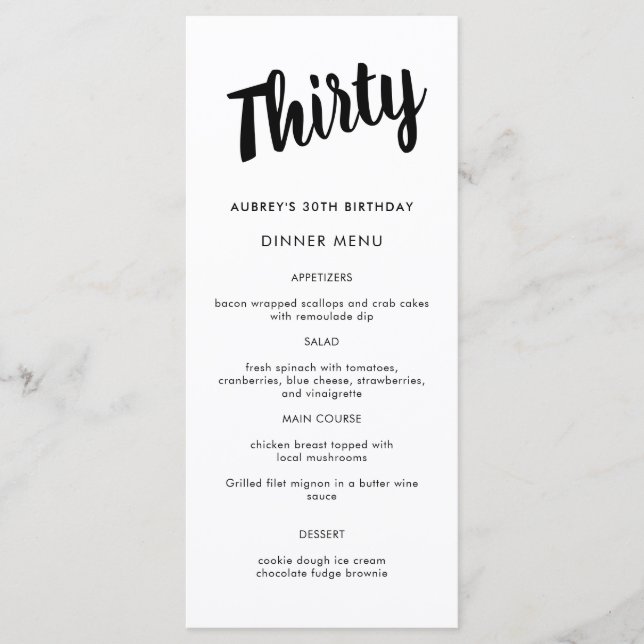 Modern Script Any Year 30th Birthday Party Menu (Front)