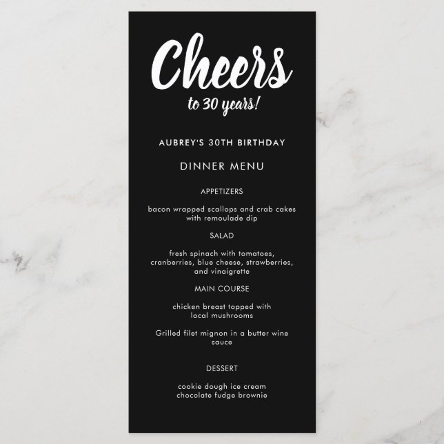 Modern Script Any Year 30th Birthday Party Menu (Front)