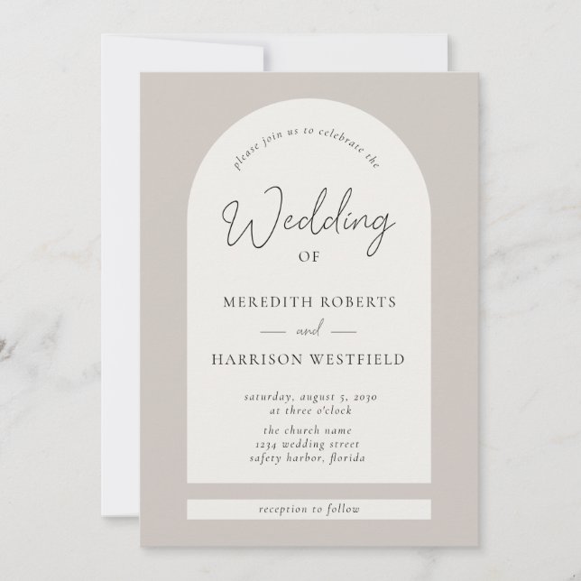 Modern Script Arch Frame Taupe Ecru Wedding Invitation (Front)