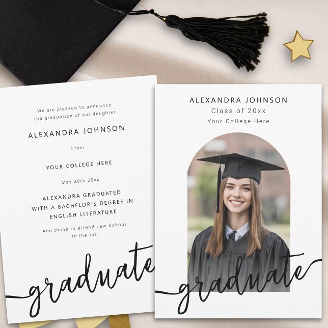 Modern Script Arch Photo Graduation Announcement (Modern elegant arch photo graduation announcement card with stylish script )