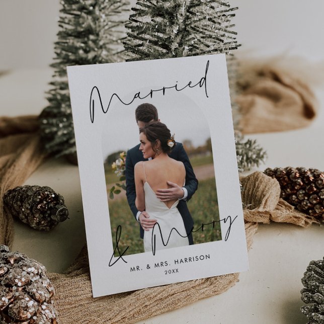 Modern Script Arch Photo Married Merry Holiday Card (Creator Uploaded)