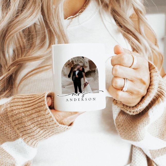 Modern Script Arch Photo Mrs. Bride Gift Coffee Mug (Creator Uploaded)