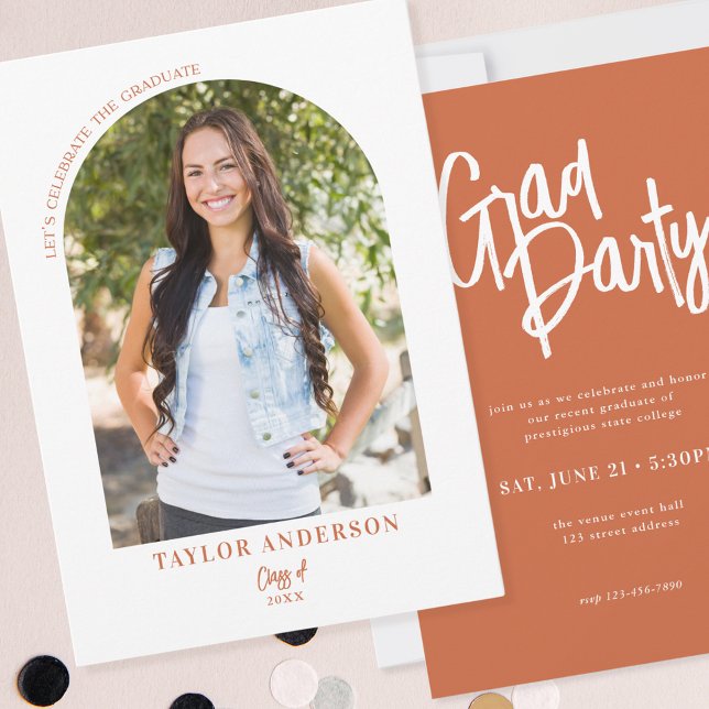 Modern Script Arch Photo Terracotta Grad Party Invitation (Creator Uploaded)