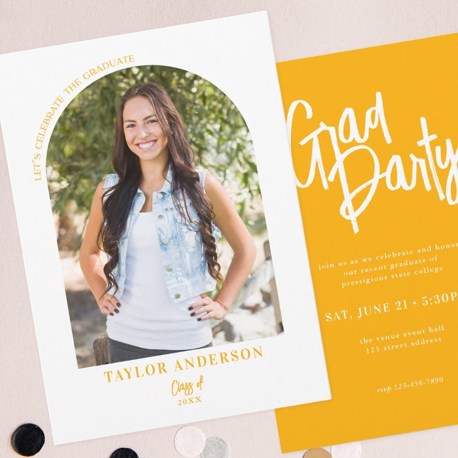 Modern Script Arch Photo Yellow Graduation Party Invitation (Creator Uploaded)