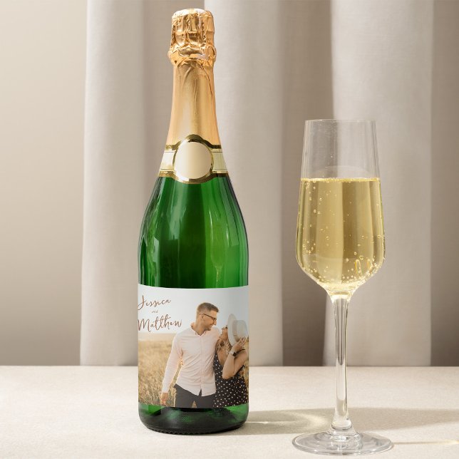 Modern Script Autumn Foliage Save the Date Photo Sparkling Wine Label (Creator Uploaded)