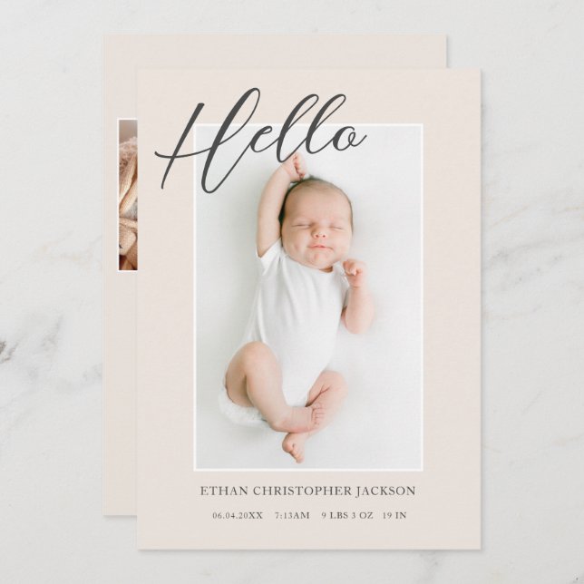 Modern Script Baby Photo Birth Announcement (Front/Back)