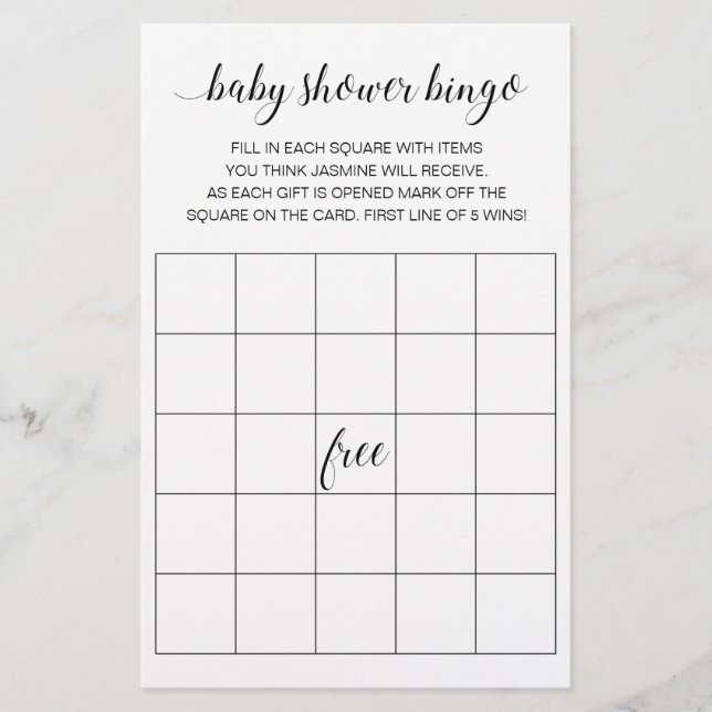 Modern Script Baby Shower Bingo Game Card (Front)