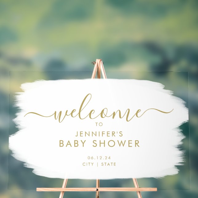 Modern Script Baby Shower Welcome Paint White Gold Acrylic Sign (Neutral)