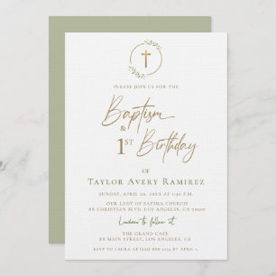 Modern Script Baptism and 1st Birthday Green Gold Invitation