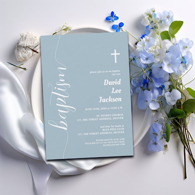 Modern Script Baptism White Cross Dusty Blue  Invitation (Creator Uploaded)