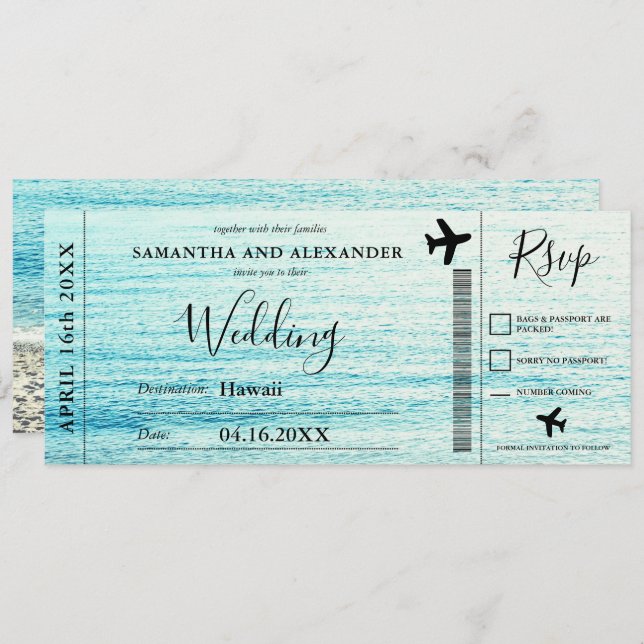 Modern script beach plane boarding pass wedding invitation (Front/Back)