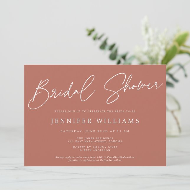 Modern Script Beautiful Terracotta Bridal Shower Invitation (Standing Front)