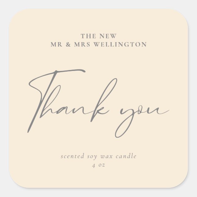 Modern Script Beige White Wedding Favour Candle Square Sticker (Front)