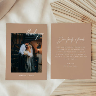 Modern Script Beige & White Wedding Photo Thank You Card