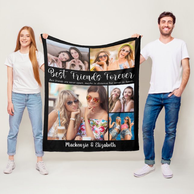 Modern Script Best Friends Forever Saying 5 Photos Fleece Blanket (In Situ)