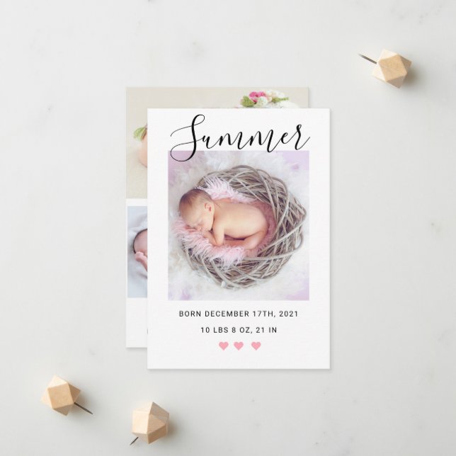 Modern Script Birth Announcement with Photos (Front/Back In Situ)