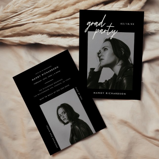 Modern Script Black 2-Photo Graduation Party Invitation (Creator Uploaded)