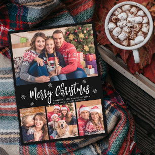 Modern Script Black 4 Photo Collage Christmas Postcard