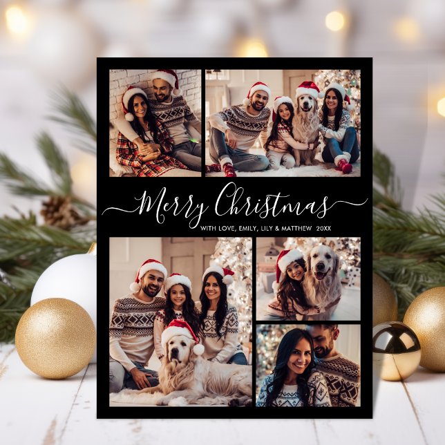 Modern Script Black 5 photo Collage Christmas  Postcard (Creator Uploaded)