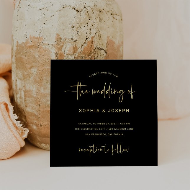 Modern Script | Black and Faux Gold Wedding Invitation (Creator Uploaded)