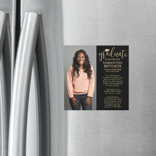 Modern Script Black and Gold 1 Photo Graduation Magnetic Invitation