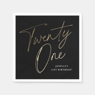 Modern Script Black and Gold 21st Birthday Party Napkin
