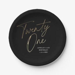 Modern Script Black and Gold 21st Birthday Party Paper Plate