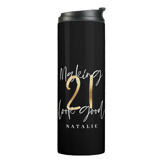 Modern script black and gold 21st birthday thermal tumbler (Rotated Left)