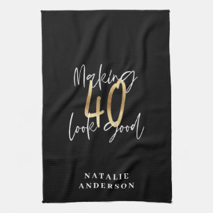 Modern script black and gold 40th birthday tea towel