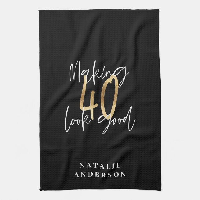 Modern script black and gold 40th birthday  tea towel (Vertical)