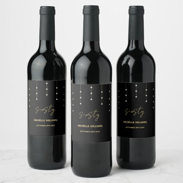 Modern Script Black And Gold Party Wine Label (Bottles)