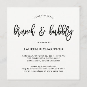 Modern Script   Black and White Brunch and Bubbly Invitation