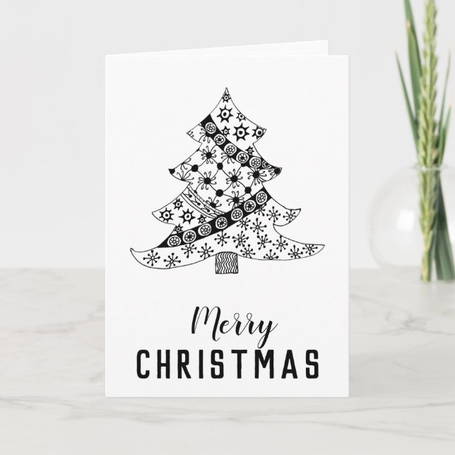 Modern Script Black and White Christmas Tree Holiday Card (Front)