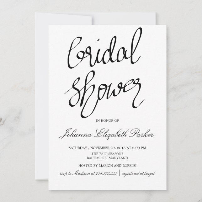 Modern Script Black And White Classy Bridal Shower Invitation (Front)