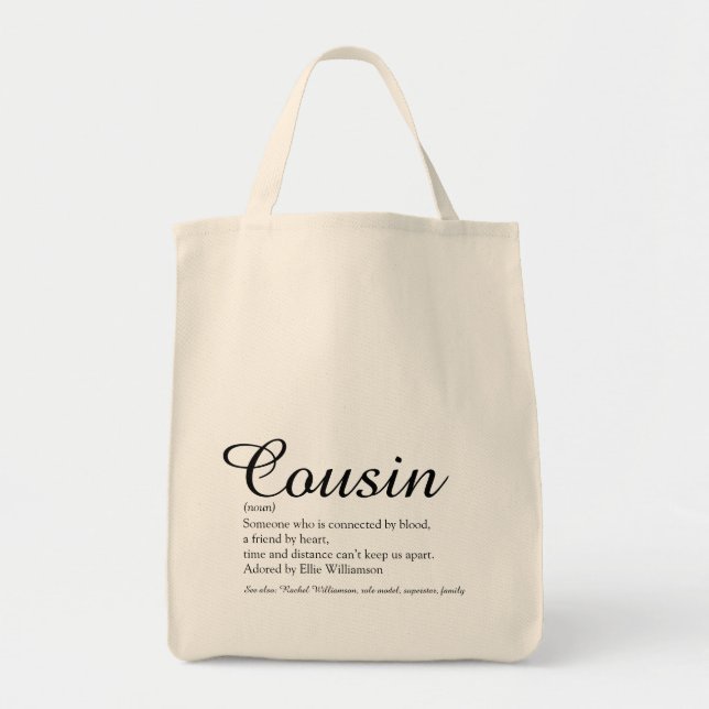 Modern Script Black and White Cousin Definition Tote Bag (Front)