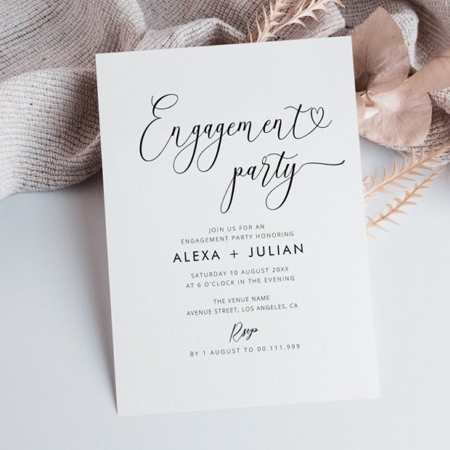 Modern script black and white engagement party invitation (Creator Uploaded)