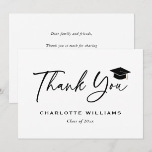 Modern Script Black and White Graduation Cap Thank You Card