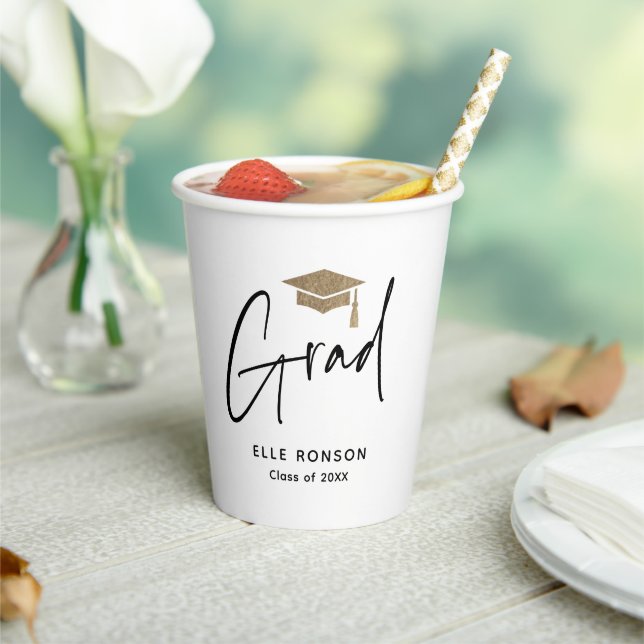 Modern Script Black and White Graduation Party Paper Cups (Insitu)