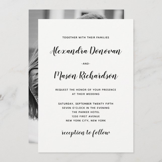 Modern Script | Black and White Photo Back Wedding Invitation (Front/Back)