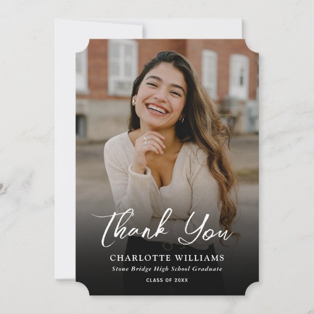 Modern Script Black and White Photo Graduation Thank You Card (Front)