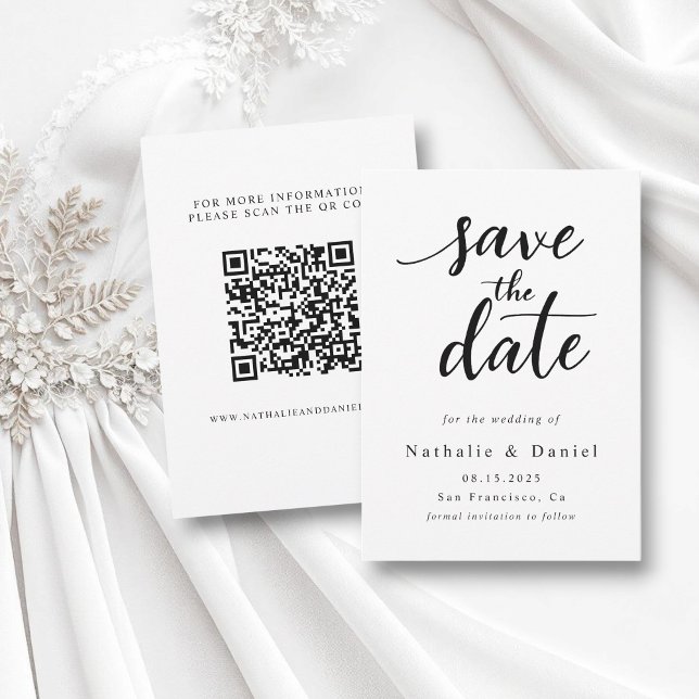 Modern Script Black and White QR Code Wedding Save The Date (Creator Uploaded)