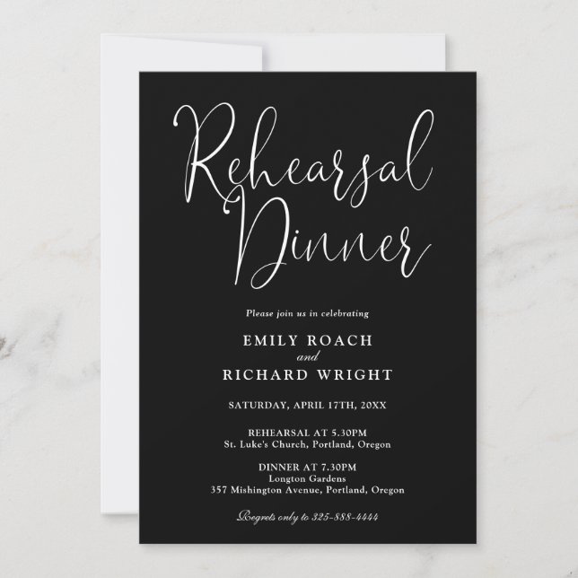 Modern Script Black And White Rehearsal Dinner Invitation (Front)