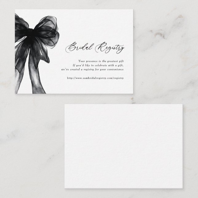  Modern Script Black Bow Bridal Shower Registry Enclosure Card (Front/Back)