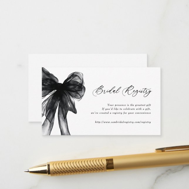  Modern Script Black Bow Bridal Shower Registry Enclosure Card (Front/Back In Situ)