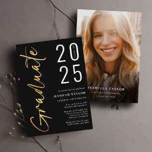 Modern Script Black Gold 2025 Photo Graduation Announcement
